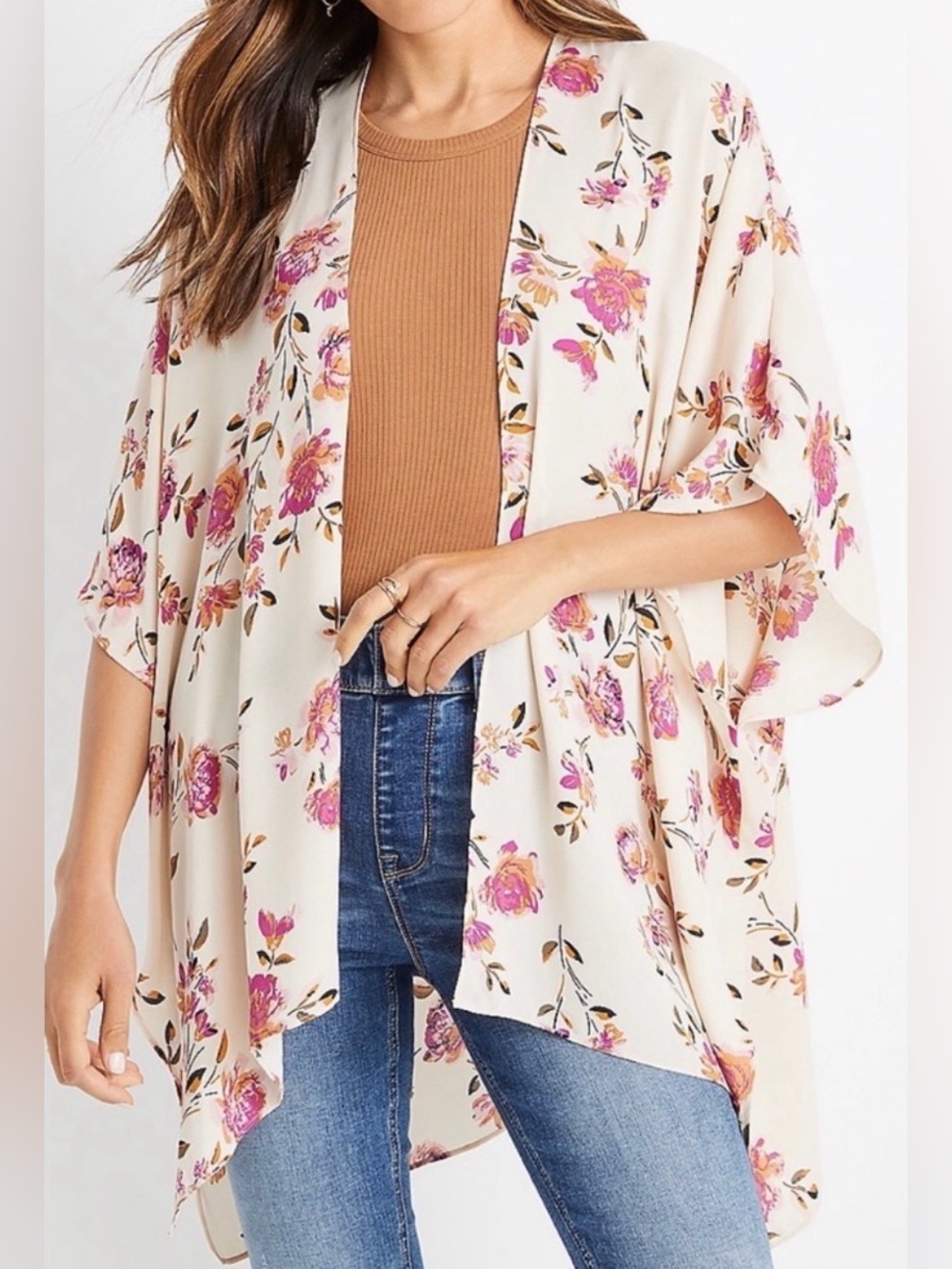 Maurices Cream Open-Front Floral Kimono with Pink and Purple Roses